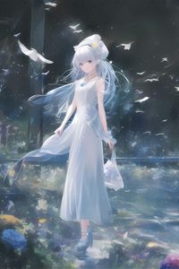 Preview wallpaper girl, dress, birds, anime, tenderness