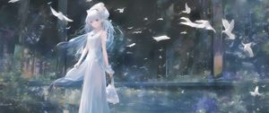 Preview wallpaper girl, dress, birds, anime, tenderness