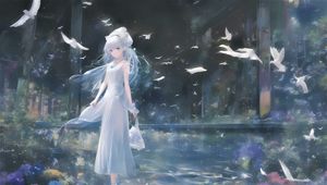 Preview wallpaper girl, dress, birds, anime, tenderness