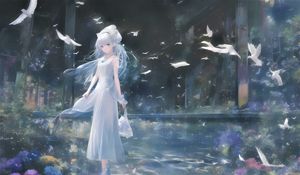 Preview wallpaper girl, dress, birds, anime, tenderness