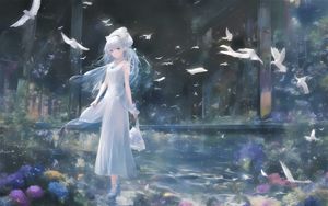 Preview wallpaper girl, dress, birds, anime, tenderness