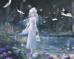 Preview wallpaper girl, dress, birds, anime, tenderness