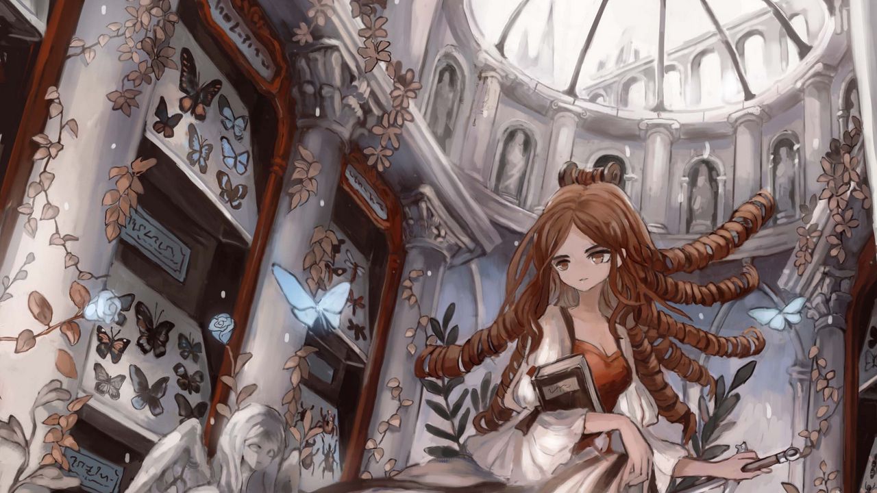 Wallpaper girl, dress, book, castle, anime, art