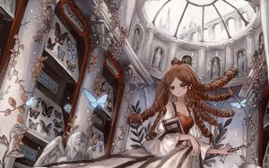 Preview wallpaper girl, dress, book, castle, anime, art