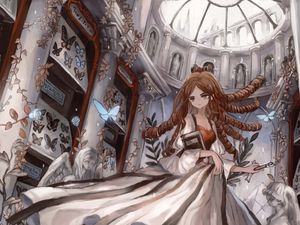 Preview wallpaper girl, dress, book, castle, anime, art