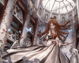 Preview wallpaper girl, dress, book, castle, anime, art