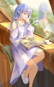 Preview wallpaper girl, dress, book, reading, anime
