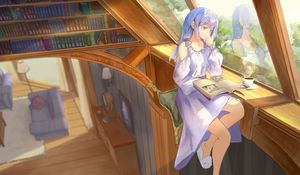 Preview wallpaper girl, dress, book, reading, anime