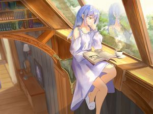 Preview wallpaper girl, dress, book, reading, anime