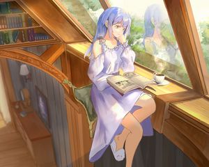 Preview wallpaper girl, dress, book, reading, anime