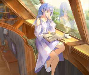 Preview wallpaper girl, dress, book, reading, anime