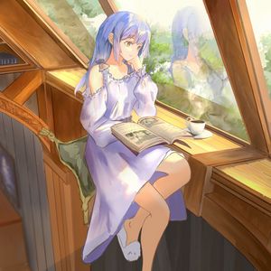 Preview wallpaper girl, dress, book, reading, anime