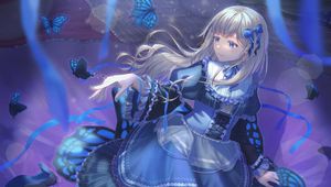 Preview wallpaper girl, dress, butterflies, anime, art, blue