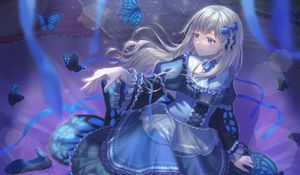 Preview wallpaper girl, dress, butterflies, anime, art, blue