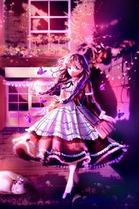 Preview wallpaper girl, dress, butterflies, anime, art, purple