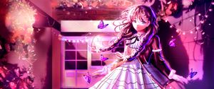 Preview wallpaper girl, dress, butterflies, anime, art, purple