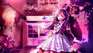 Preview wallpaper girl, dress, butterflies, anime, art, purple