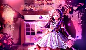 Preview wallpaper girl, dress, butterflies, anime, art, purple
