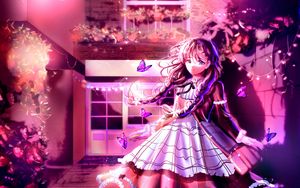 Preview wallpaper girl, dress, butterflies, anime, art, purple