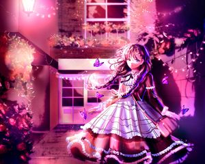 Preview wallpaper girl, dress, butterflies, anime, art, purple