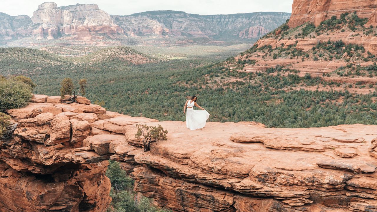 Wallpaper girl, dress, canyon, cliff, valley
