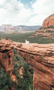 Preview wallpaper girl, dress, canyon, cliff, valley