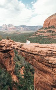 Preview wallpaper girl, dress, canyon, cliff, valley