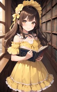 Preview wallpaper girl, dress, cap, book, library, anime