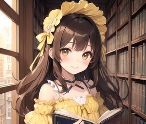 Preview wallpaper girl, dress, cap, book, library, anime