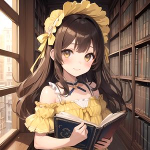 Preview wallpaper girl, dress, cap, book, library, anime