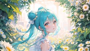 Preview wallpaper girl, dress, chamomile, flowers, anime