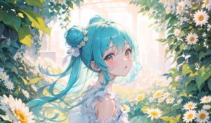 Preview wallpaper girl, dress, chamomile, flowers, anime