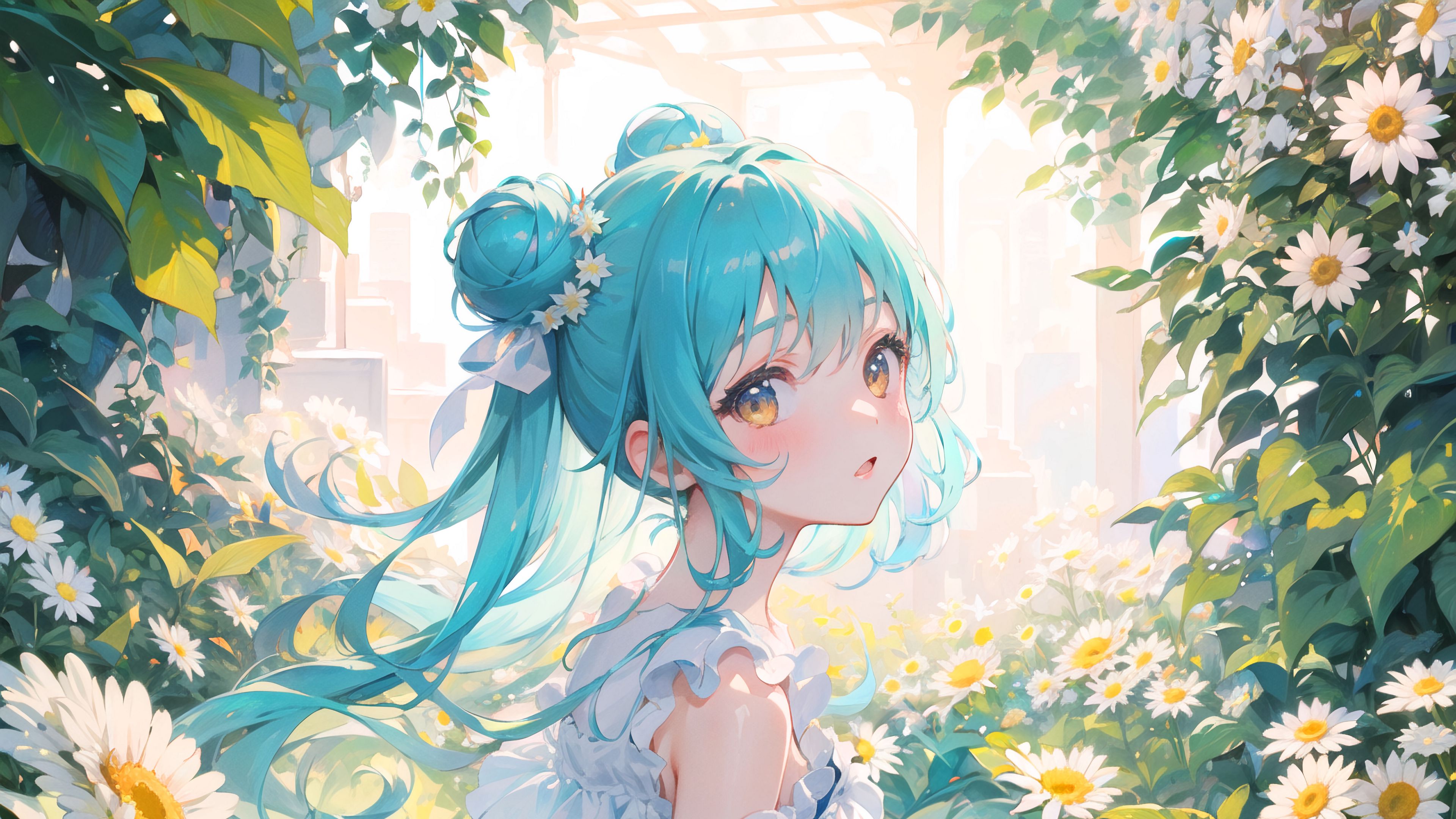 Download wallpaper 3840x2160 girl, dress, chamomile, flowers, anime 4k ...