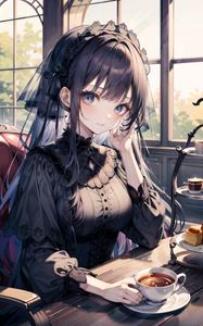 Preview wallpaper girl, dress, coffee, window, anime