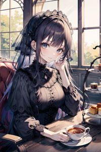 Preview wallpaper girl, dress, coffee, window, anime