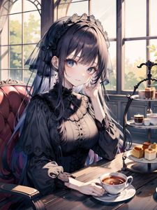 Preview wallpaper girl, dress, coffee, window, anime