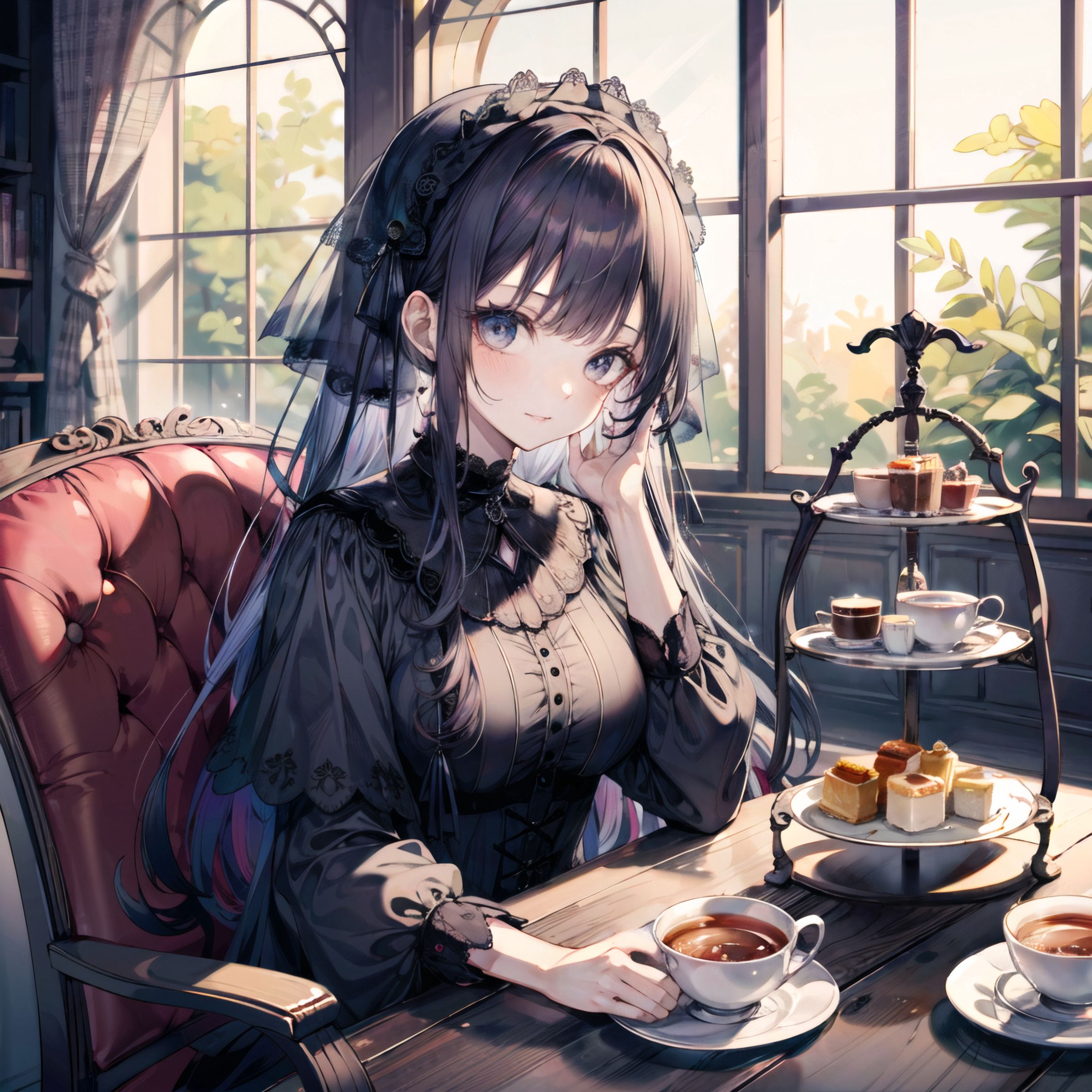 Download Wallpaper 2400x2400 Girl, Dress, Coffee, Window, Anime Hd 