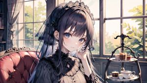 Preview wallpaper girl, dress, coffee, window, anime