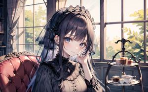 Preview wallpaper girl, dress, coffee, window, anime