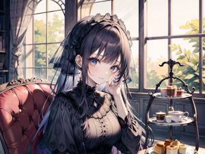 Preview wallpaper girl, dress, coffee, window, anime