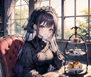 Preview wallpaper girl, dress, coffee, window, anime
