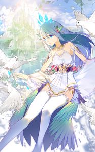 Preview wallpaper girl, dress, decoration, birds, anime, art