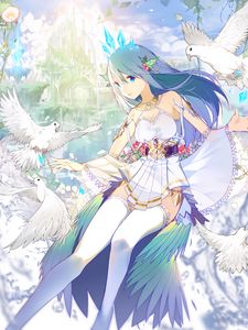 Preview wallpaper girl, dress, decoration, birds, anime, art