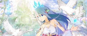 Preview wallpaper girl, dress, decoration, birds, anime, art