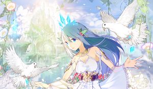 Preview wallpaper girl, dress, decoration, birds, anime, art