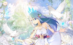 Preview wallpaper girl, dress, decoration, birds, anime, art