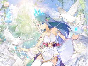 Preview wallpaper girl, dress, decoration, birds, anime, art