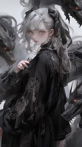 Preview wallpaper girl, dress, dragons, anime, black
