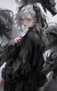 Preview wallpaper girl, dress, dragons, anime, black