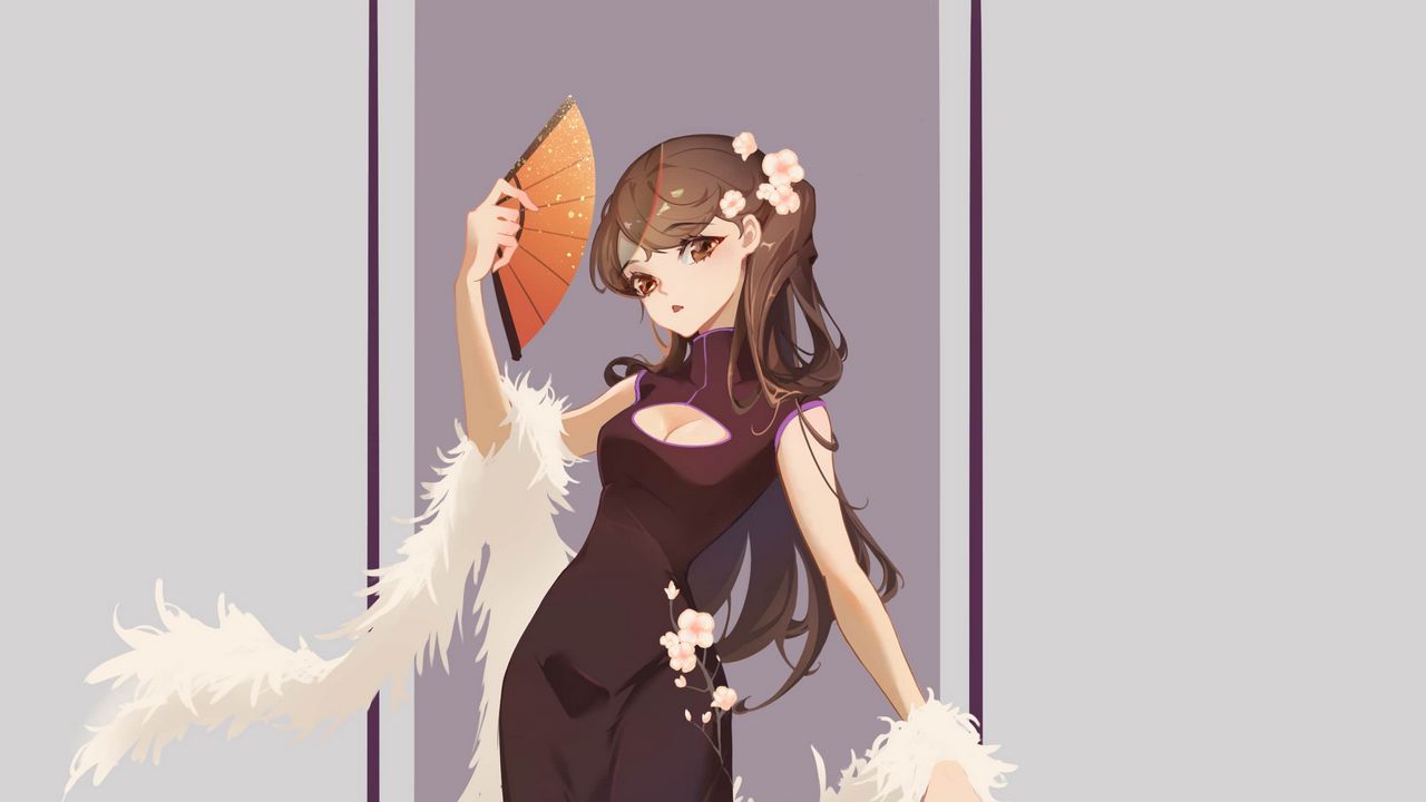 Wallpaper girl, dress, fan, anime, art